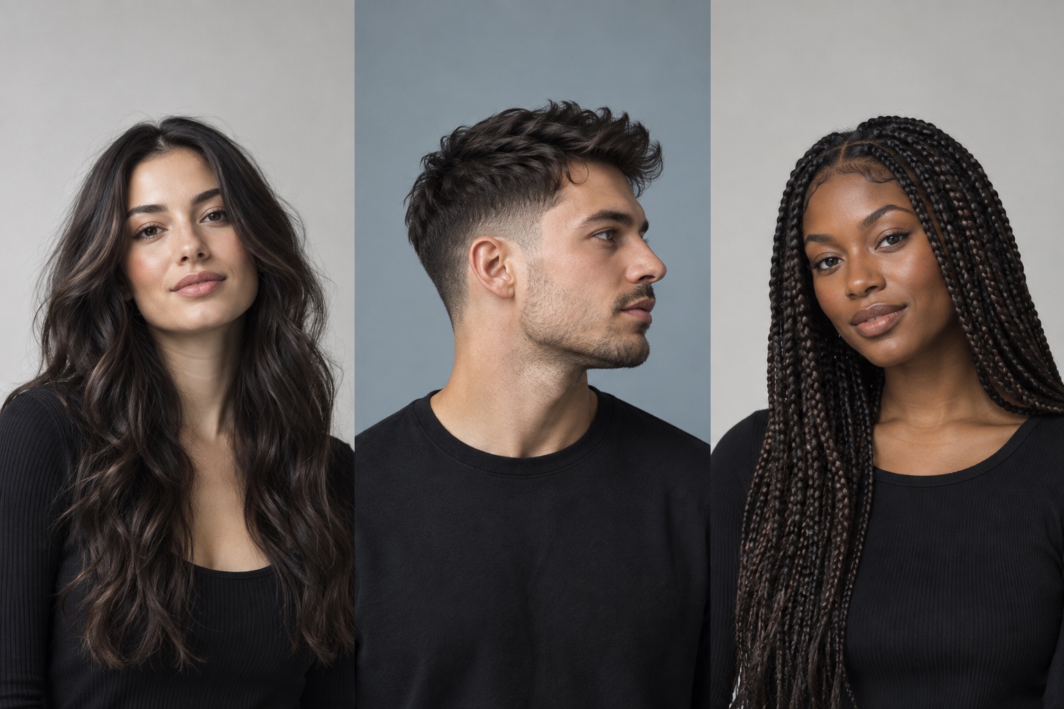 Illustrative portraits showing loose waves, a short textured haircut and box braids